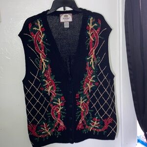Tiara Women's Black Sweater Vest with Red and Green Embroidery